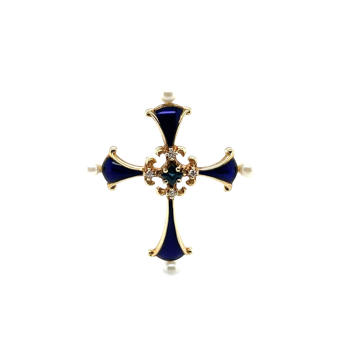 14ct Yellow Gold Cross Pendant with Pearls, Diamonds and a Sapphire