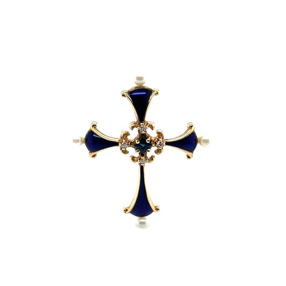 14ct Yellow Gold Cross Pendant with Pearls, Diamonds and a Sapphire