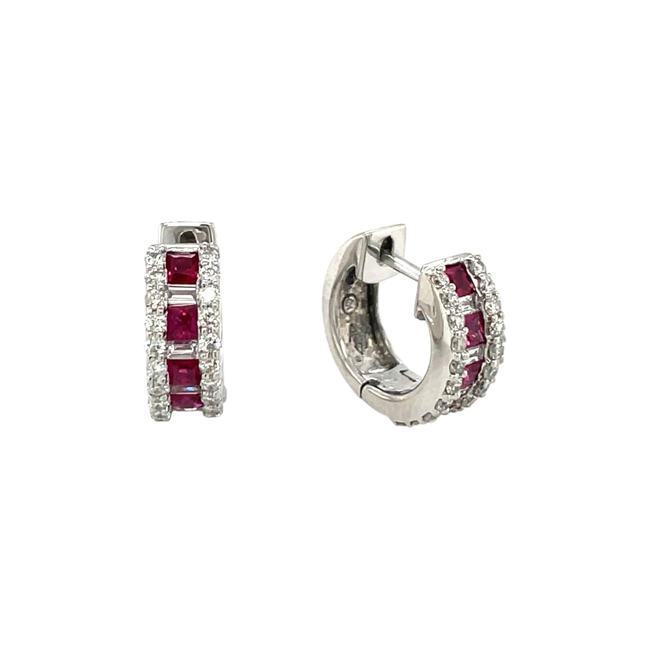 18ct White Gold Ruby & Diamond Huggie Hoop Earrings