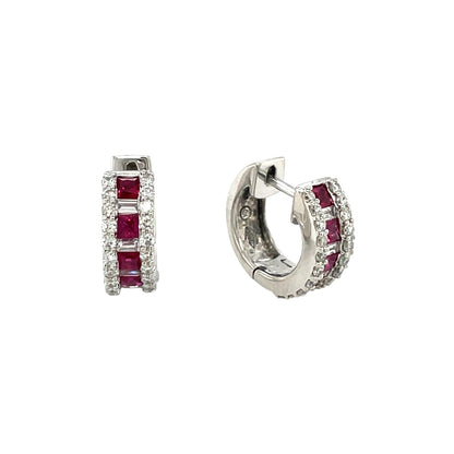 18ct White Gold Ruby & Diamond Huggie Hoop Earrings