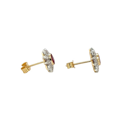 18ct Yellow & White Gold Ruby & Diamond Flower Stud Earrings