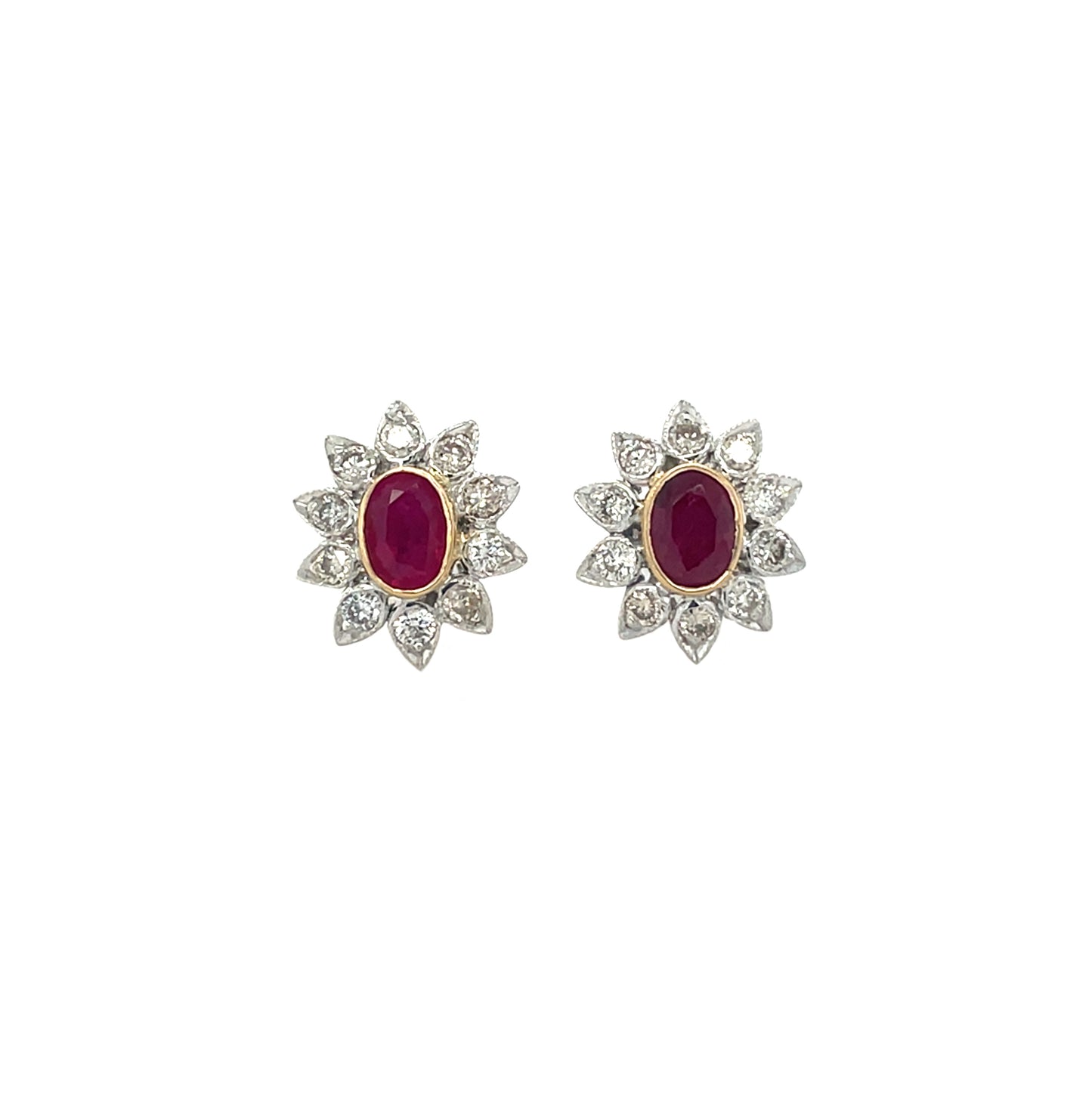 18ct Yellow & White Gold Ruby & Diamond Flower Stud Earrings