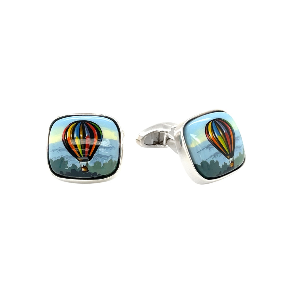 Silver & Handpainted Enamel Hot Air Balloon Bullet Back Cufflinks