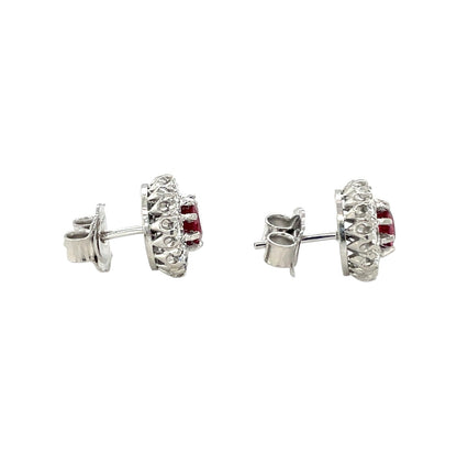 18ct White Gold Ruby & Diamond Flower Cluster Stud Earrings