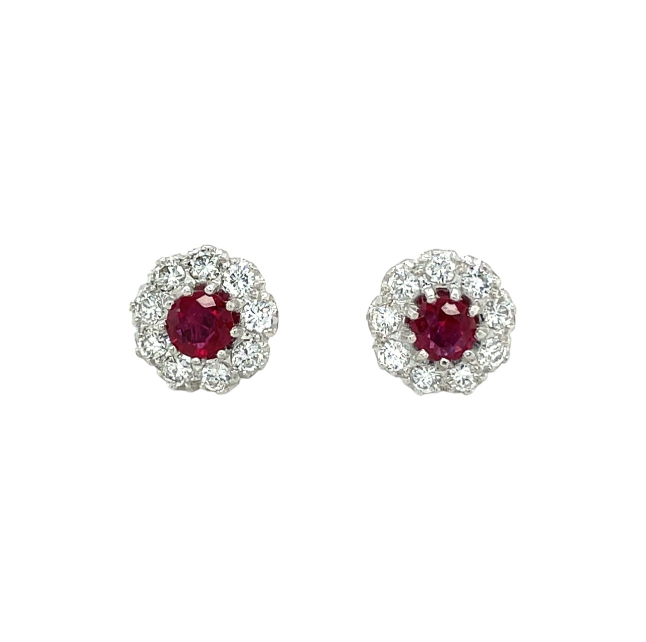 18ct White Gold Ruby & Diamond Flower Cluster Stud Earrings