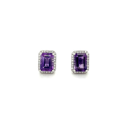 9ct White Gold Amethyst & Diamond Cluster Stud Earrings