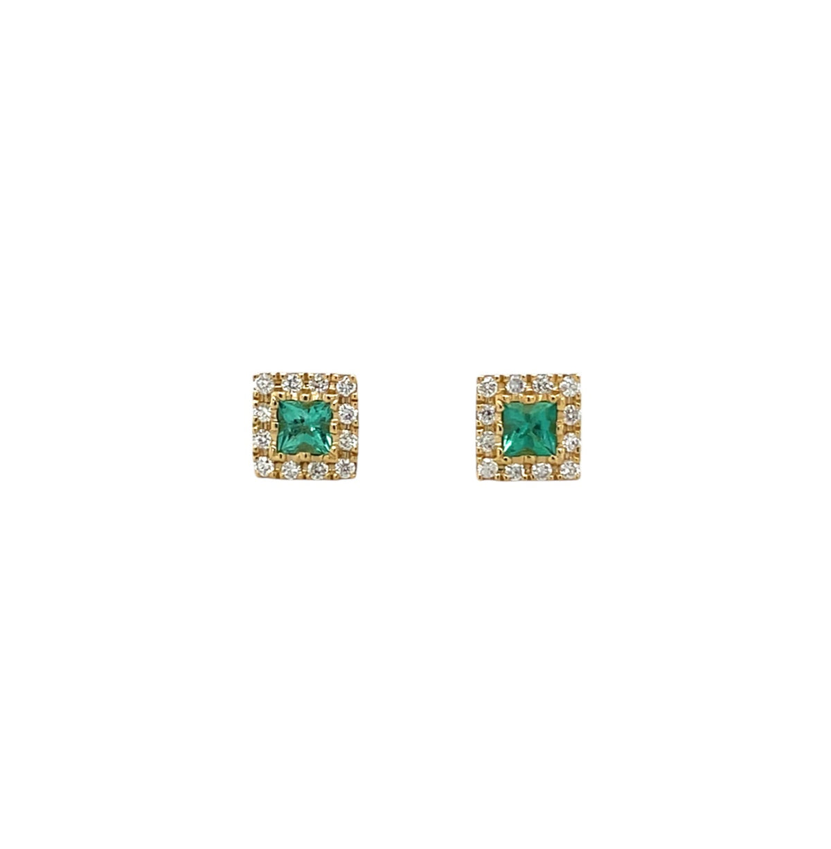 18ct Yellow Gold Emerald & Diamond Square Stud Earrings