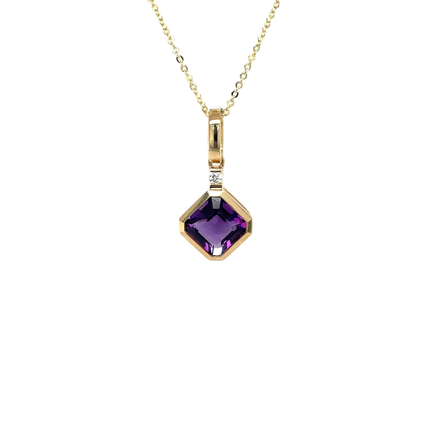 9ct Yellow Gold Amethyst & Diamond Pendant & Chain (18")
