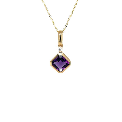 9ct Yellow Gold Amethyst & Diamond Pendant & Chain (18")