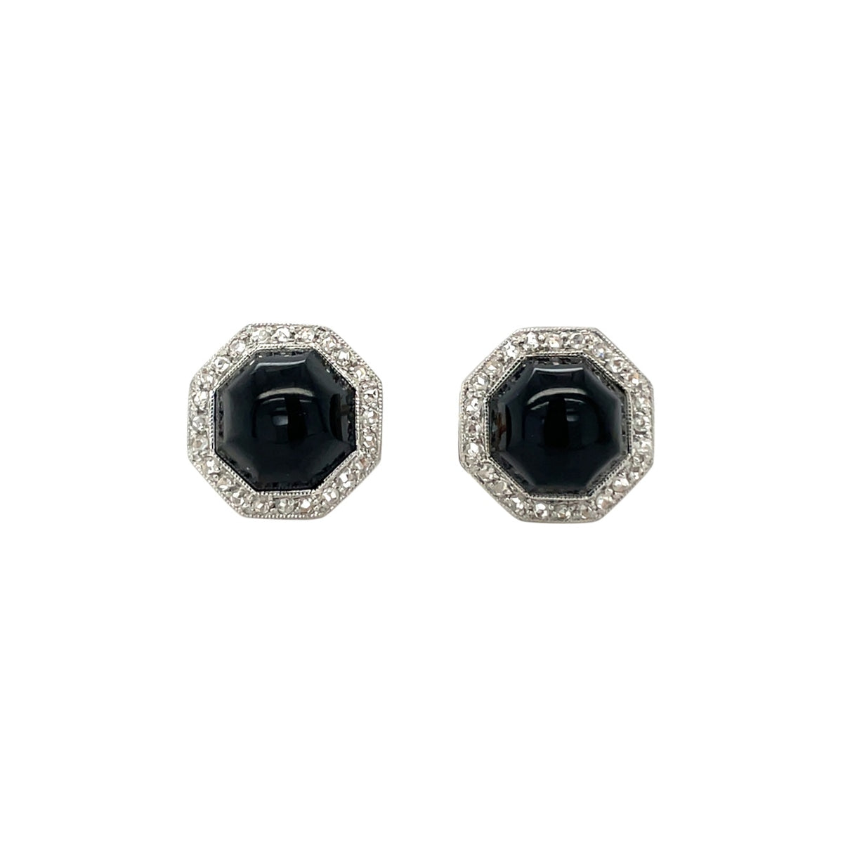18ct White Gold Onyx & Diamond Octagonal Cluster Stud Earrings