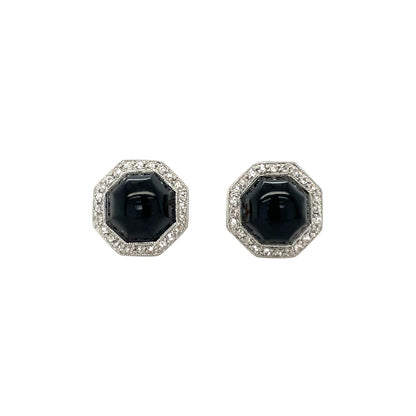 18ct White Gold Onyx & Diamond Octagonal Cluster Stud Earrings