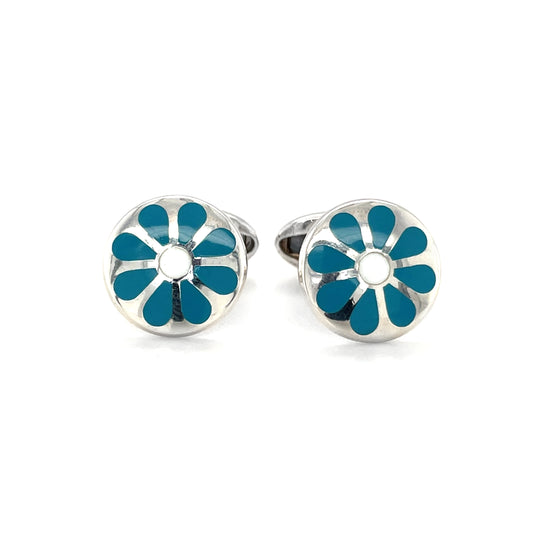 Silver & Enamel Turqouise Daisy Cufflinks