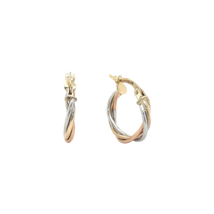 9ct Yellow White & Rose Gold Dainty Russian Hoop Earrings