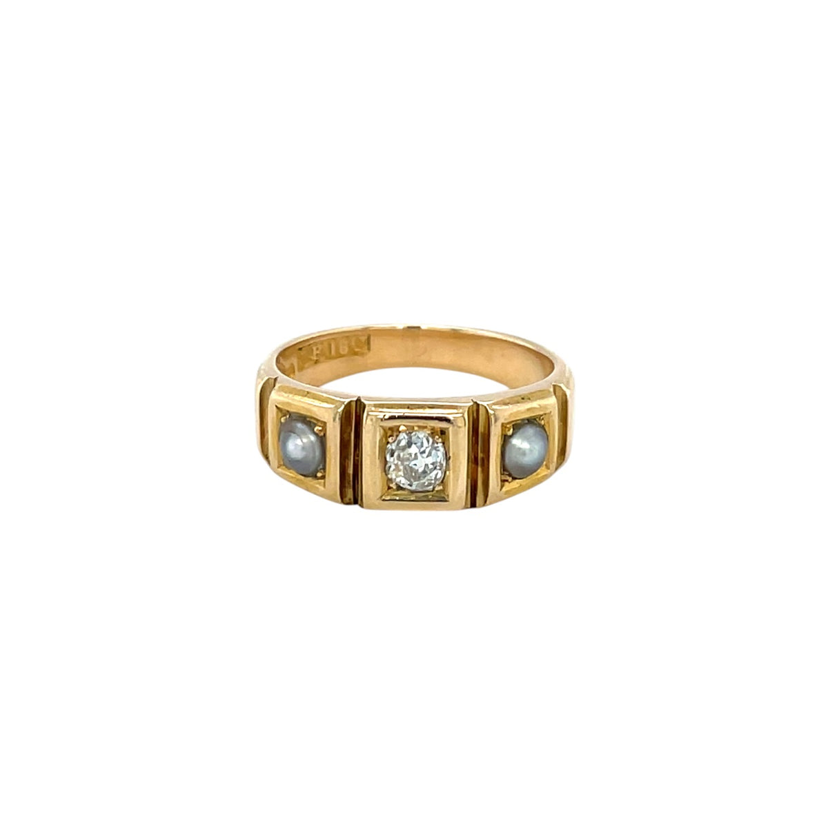 18ct Yellow Gold Old-Cut diamond & Pearl Trilogy Ring (K)