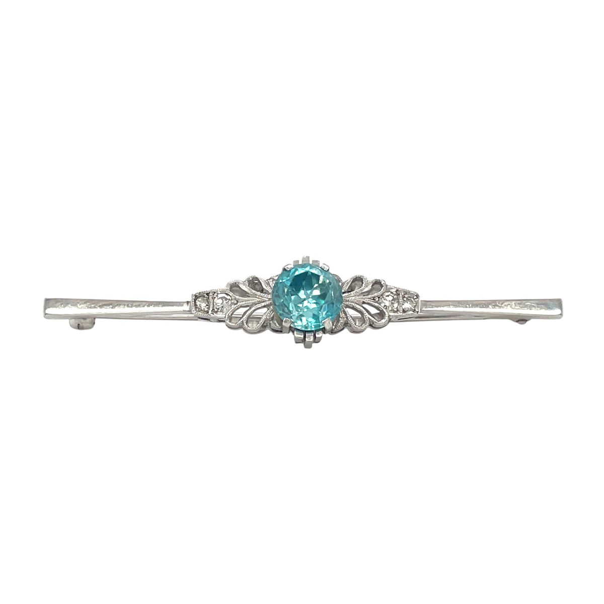 9ct White Gold Blue Zircon & Diamond Brooch