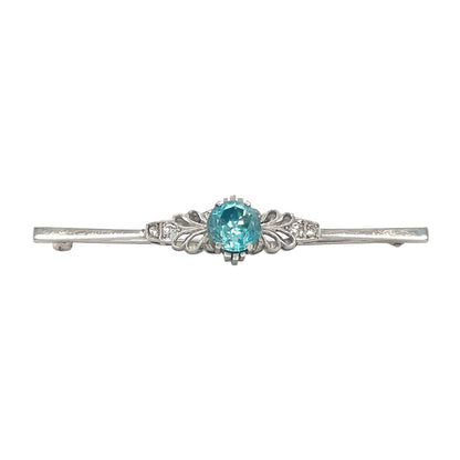 9ct White Gold Blue Zircon & Diamond Brooch