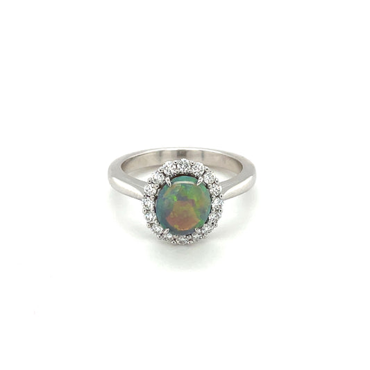 18ct White Gold Black Opal & Diamond Cluster Ring