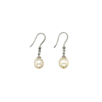 9ct White Gold Drop Pearl & Diamond Earrings