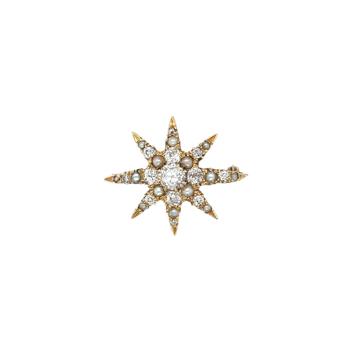 14ct Yellow Gold Diamond & Pearl Star Brooch