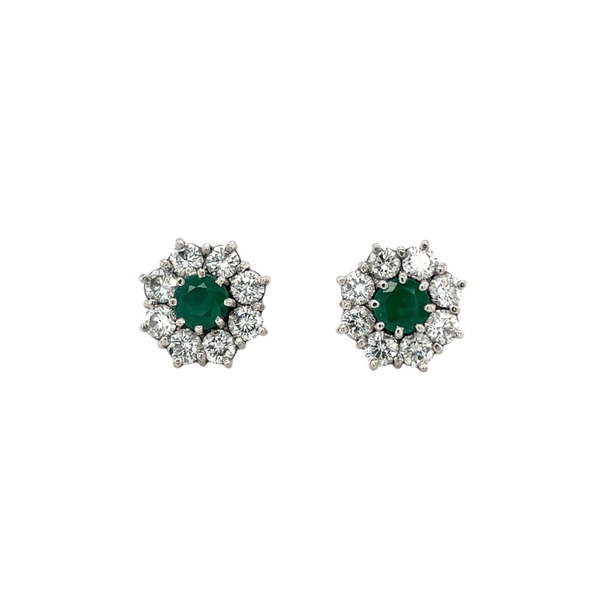 18ct White Gold Emerald & Diamond Cluster Stud Earrings