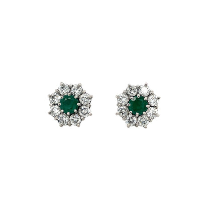 18ct White Gold Emerald & Diamond Cluster Stud Earrings