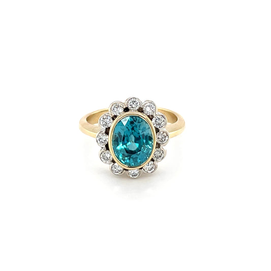 18ct Yellow & White Gold Blue Zircon & Diamond Flower Cluster Ring