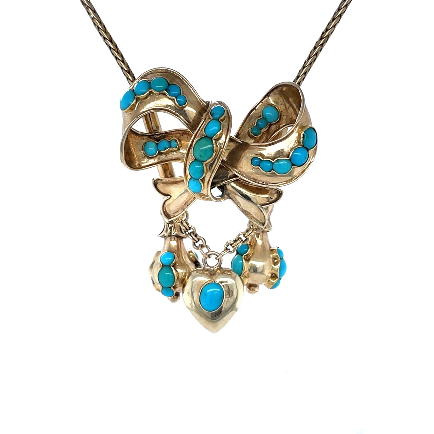 9ct Yellow Gold & Turqouise Bow Pendant & Chain (16")
