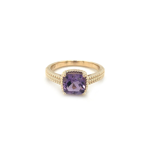 9ct Yellow Gold Amethyst Solitaire Rope-Twist Ring (N)