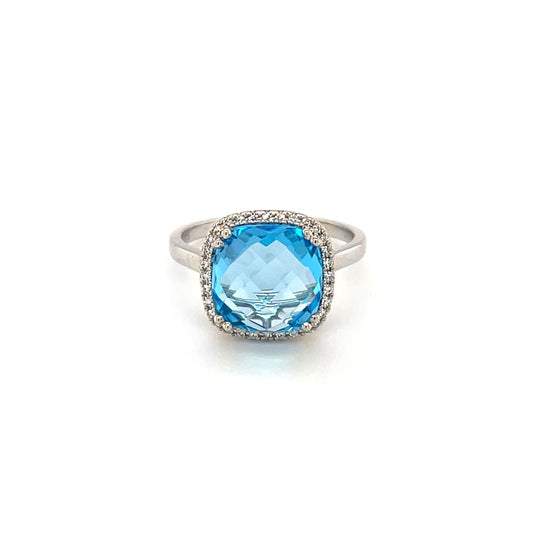 9ct White Gold Swiss Blue Topaz & Diamond Cluster Ring (N)