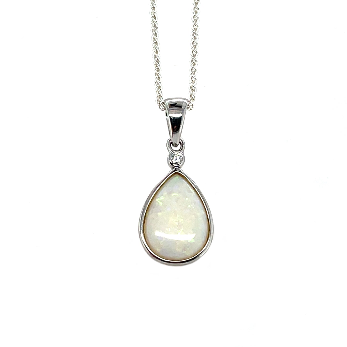 Silver White Opal & Diamond Drop Pendant