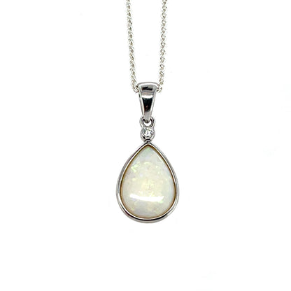 Silver White Opal & Diamond Drop Pendant