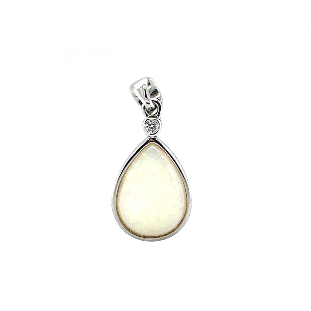 Silver White Opal & Diamond Drop Pendant