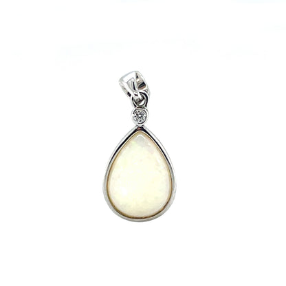 Silver White Opal & Diamond Drop Pendant