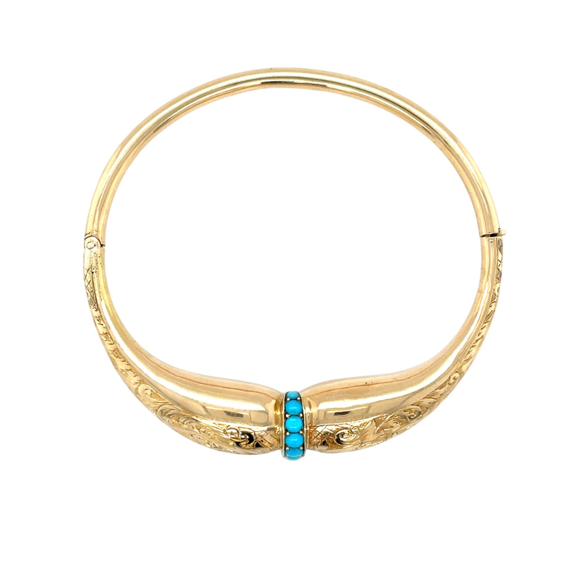 18ct Yellow Gold Engraved Turquoise Hinged Bangle