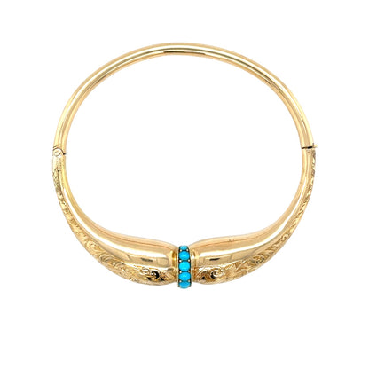 18ct Yellow Gold Engraved Turquoise Hinged Bangle