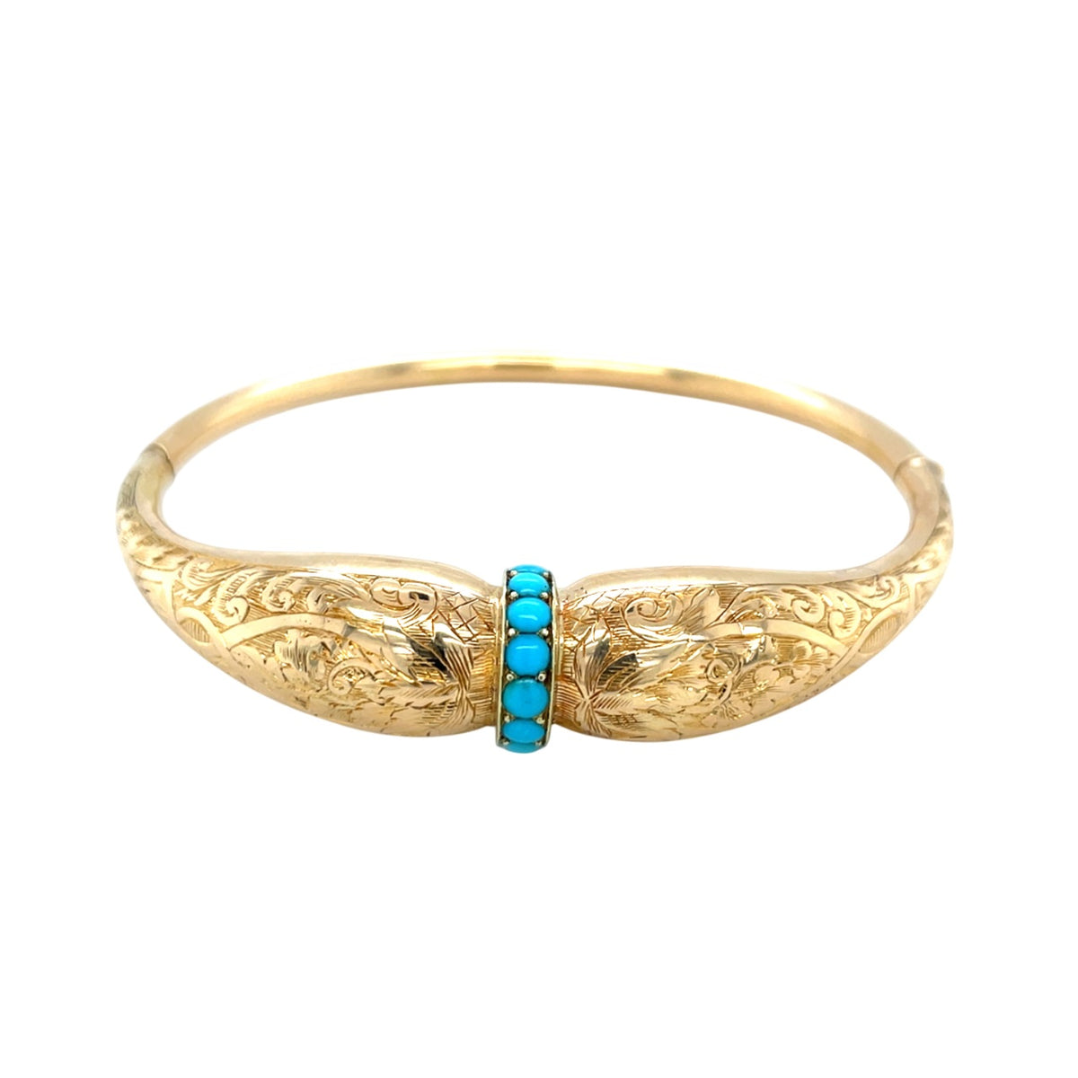 18ct Yellow Gold Engraved Turquoise Hinged Bangle