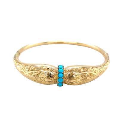 18ct Yellow Gold Engraved Turquoise Hinged Bangle