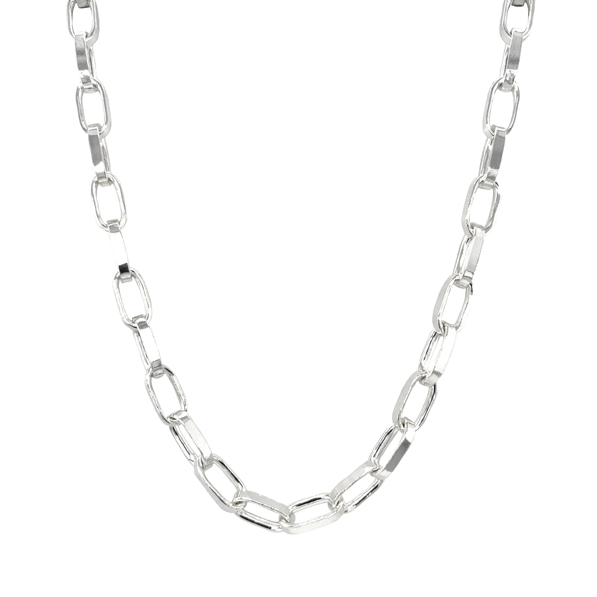 Silver Long Flat Oval Belcher Chain Necklace (22")