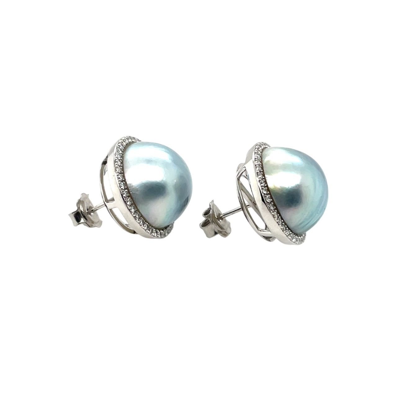 Platinum Earrings Set with Blue Mabe Pearls & Diamond Halo