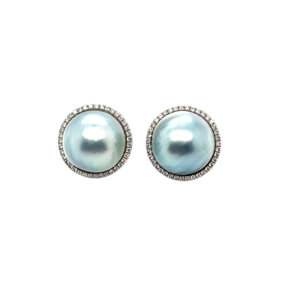 Platinum Earrings Set with Blue Mabe Pearls & Diamond Halo