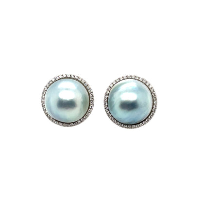 Platinum Earrings Set with Blue Mabe Pearls & Diamond Halo
