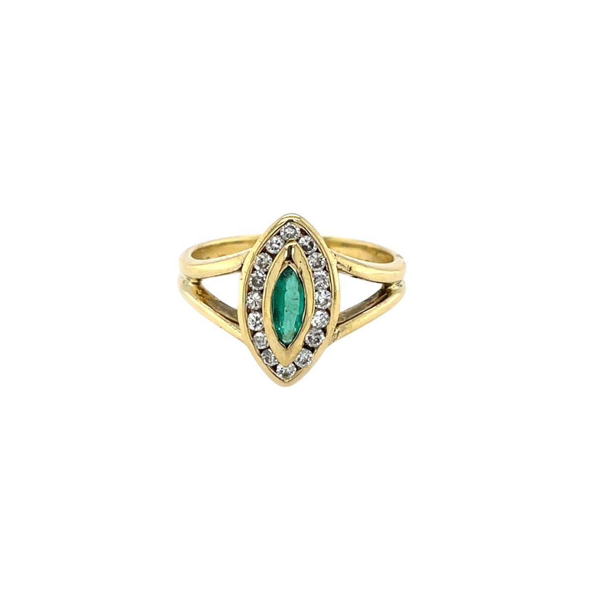 18ct Yellow Gold Marquise Emerald & Diamond Ring (H)