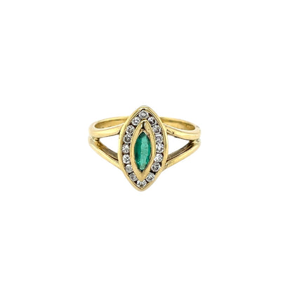 18ct Yellow Gold Marquise Emerald & Diamond Ring (H)