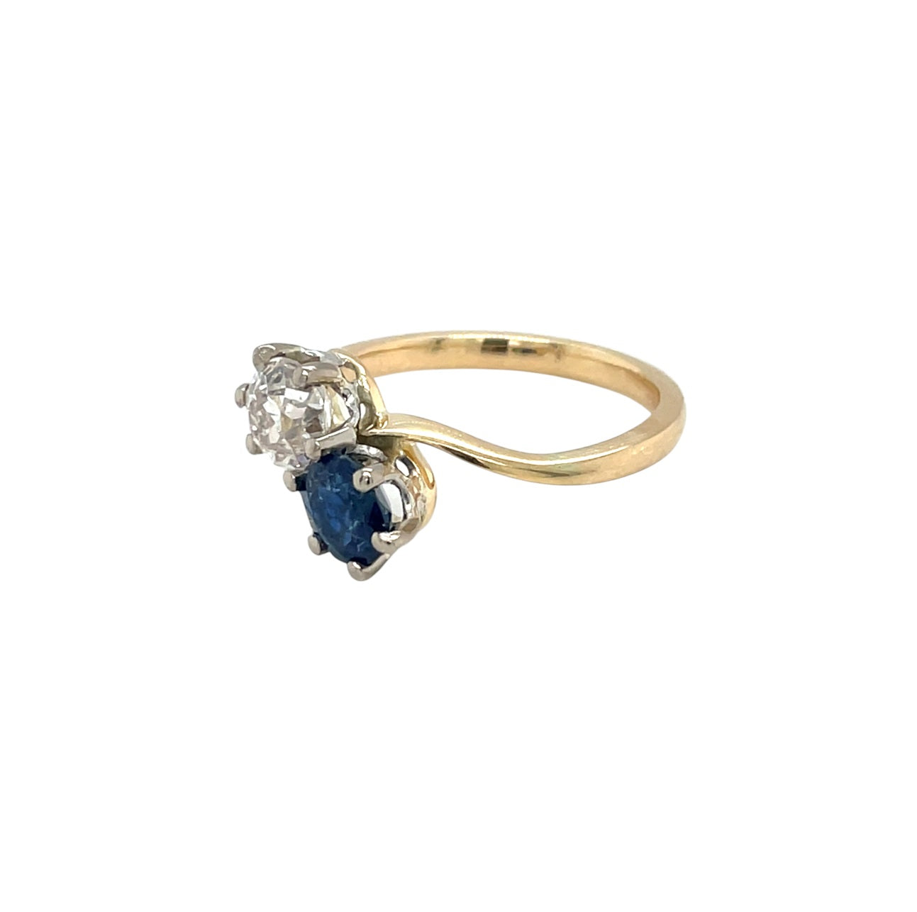 18ct Yellow Gold Old Cut Diamond & Sapphire Crossover Ring (M 1/2)