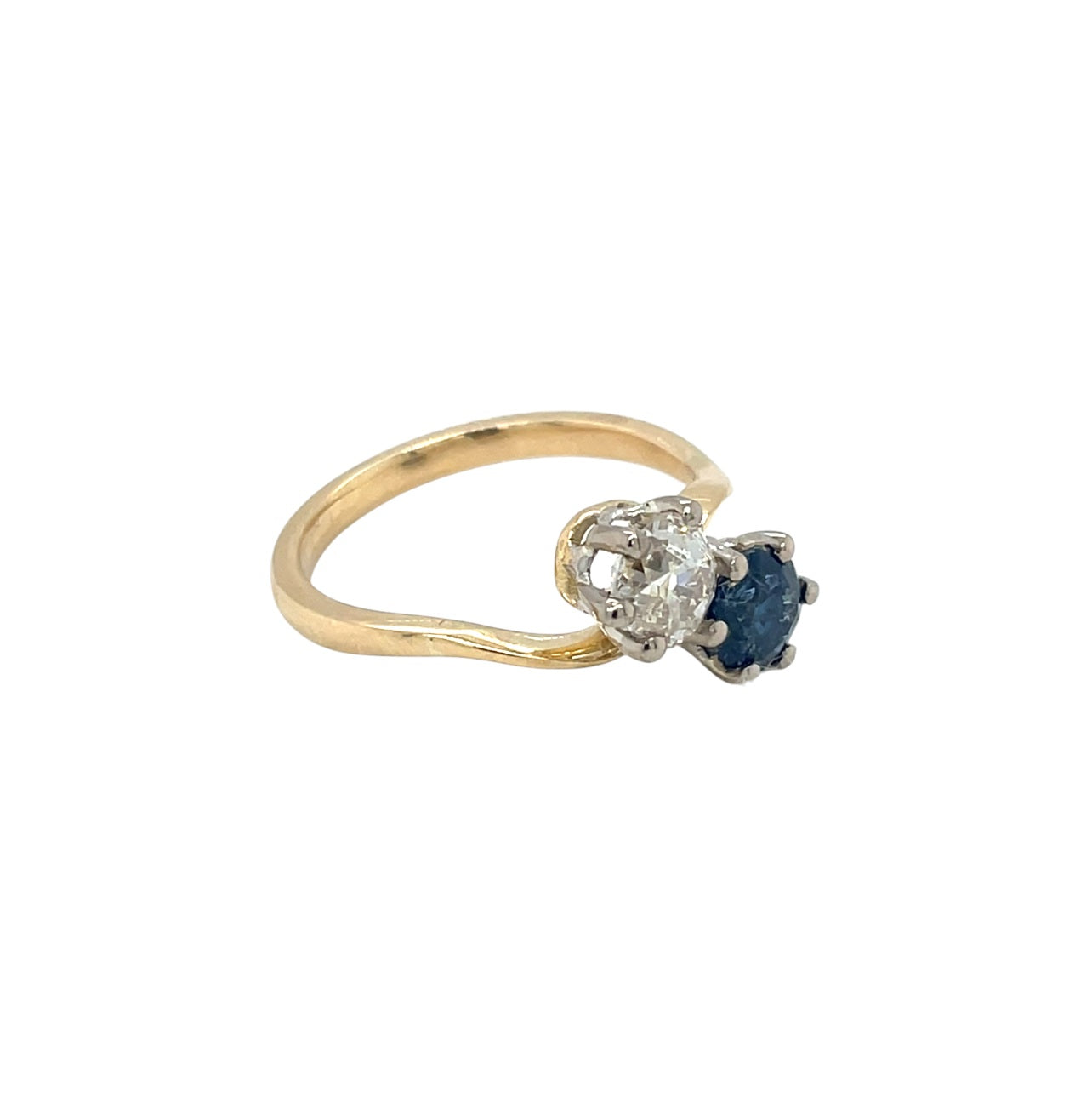 18ct Yellow Gold Old Cut Diamond & Sapphire Crossover Ring (M 1/2)