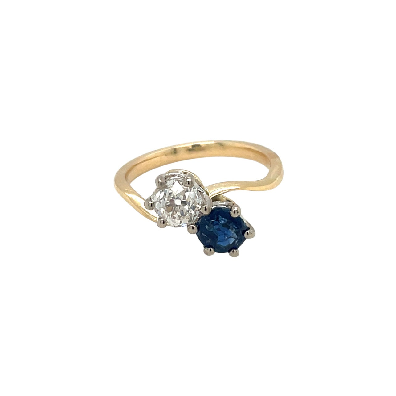 18ct Yellow Gold Old Cut Diamond & Sapphire Crossover Ring (M 1/2)