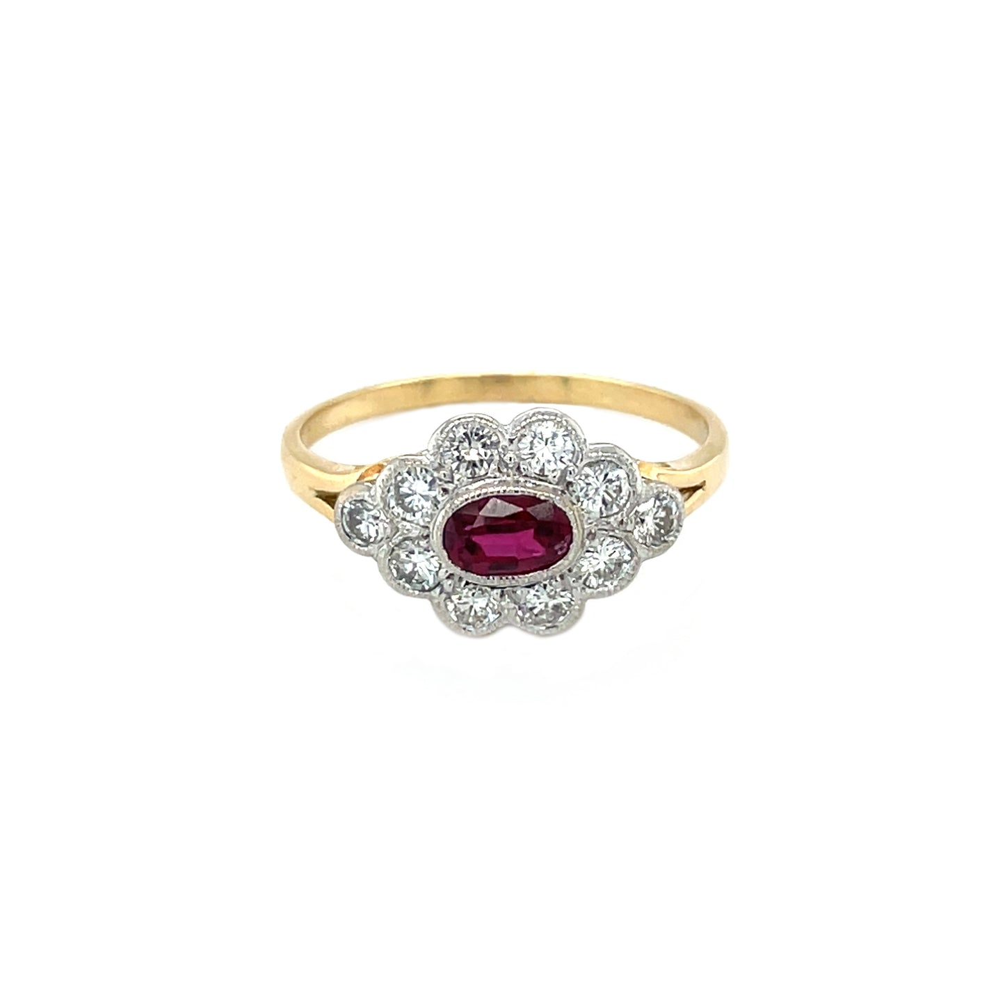 18ct Yellow Gold Oval-Cut Ruby & Diamond Horizontal Cluster Ring (Y)