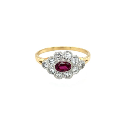 18ct Yellow Gold Oval-Cut Ruby & Diamond Horizontal Cluster Ring (Y)
