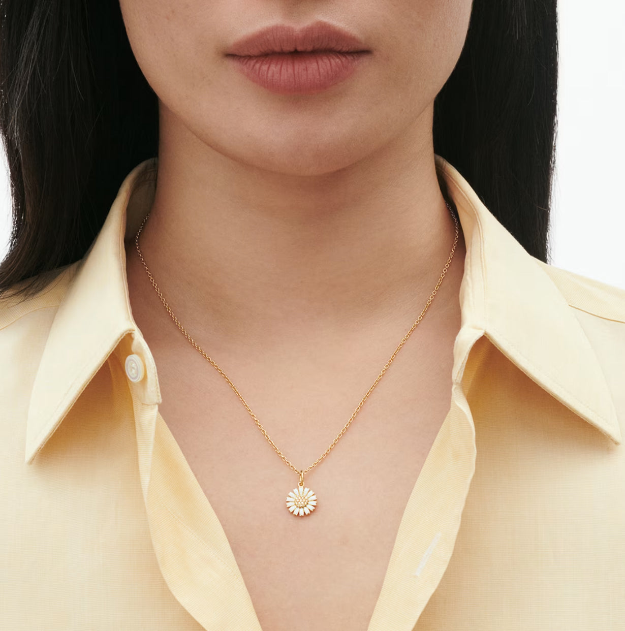 Georg Jensen Gold-Plated Silver Daisy Pendant & Chain with White Enamel & Diamond