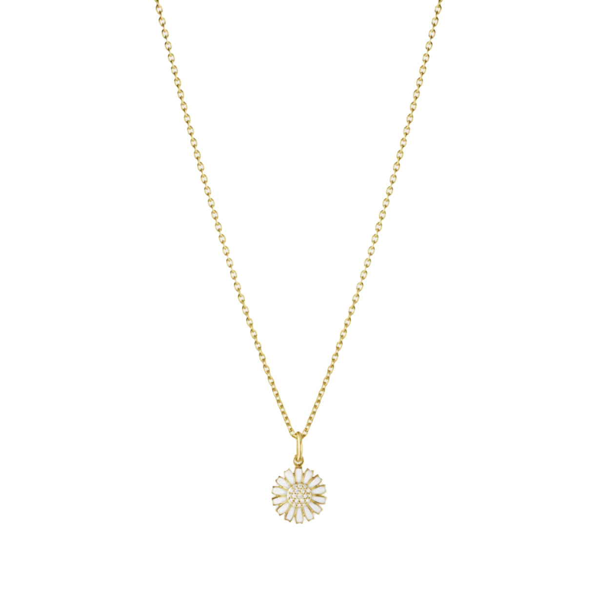 Georg Jensen Gold-Plated Silver Daisy Pendant & Chain with White Enamel & Diamond